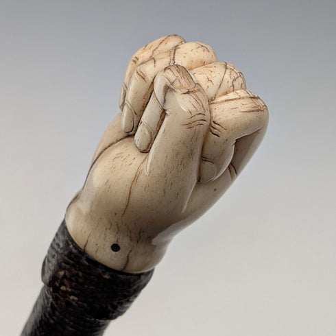 Antique British bone fist-shaped round handle walking stick, 85cm